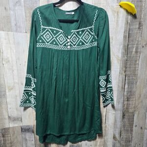 Earthbound Green Embroidered Mini Shirt Dress